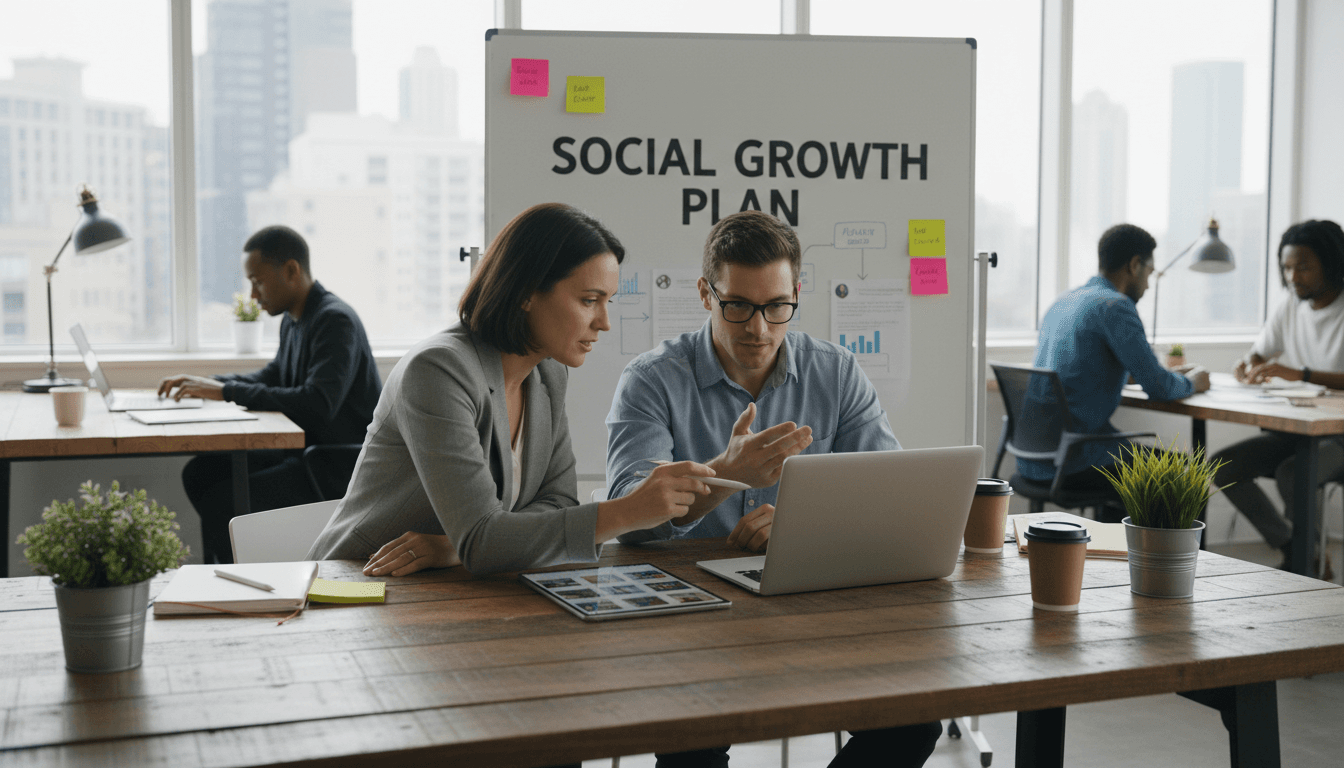 Business owner working with marketing specialist on social media strategy