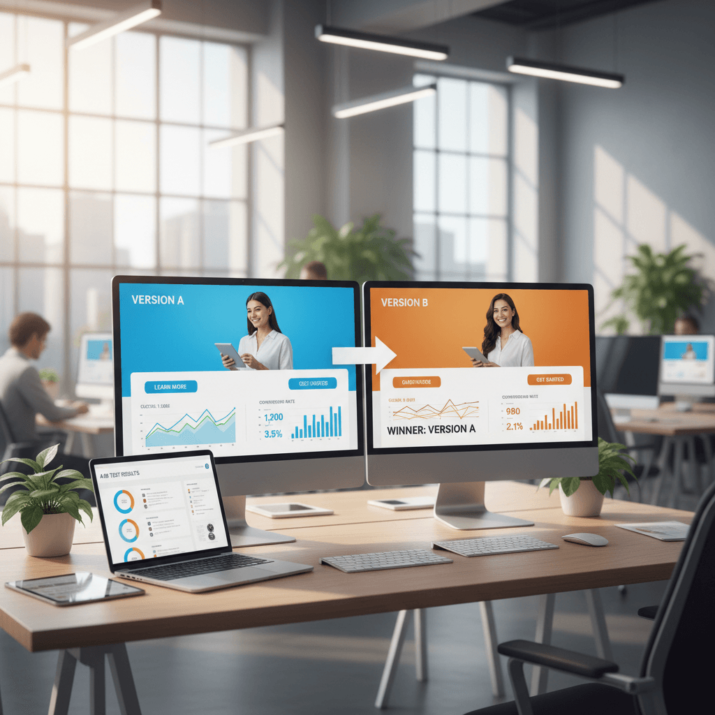 A/B testing setup with dual screens showing different ad variations in a modern office