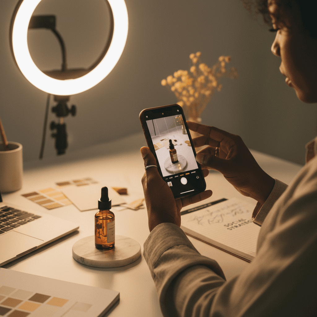 Content creator's hands holding smartphone with ring light, photographing styled product for social media content